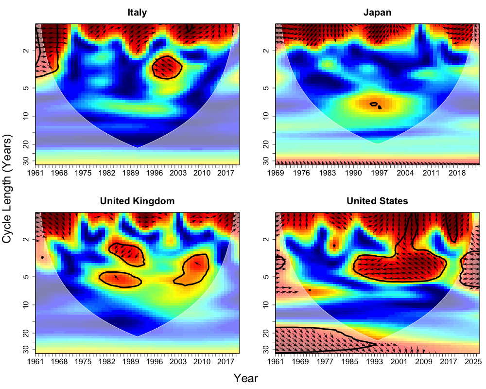 2x2 grid of wavelet coherence plots between Total Maternal Rate (TMR) and Children per Mother (CPM) across countries, showing no statistically significant coherence between the two series.